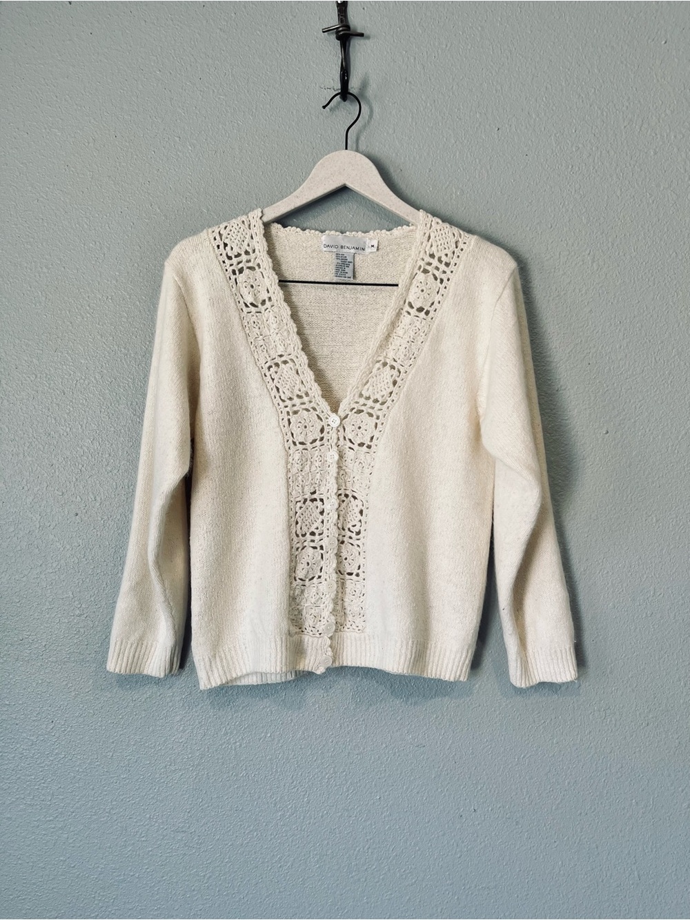 Vintage David Benjamin Silk Angora Blend Crochet Boho Cardigan Sweater medium